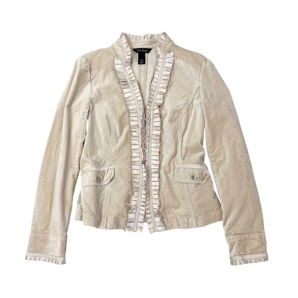 White House Black Market Champagne Beige Ruffle Trim Velvet Blazer Jacket Size 0